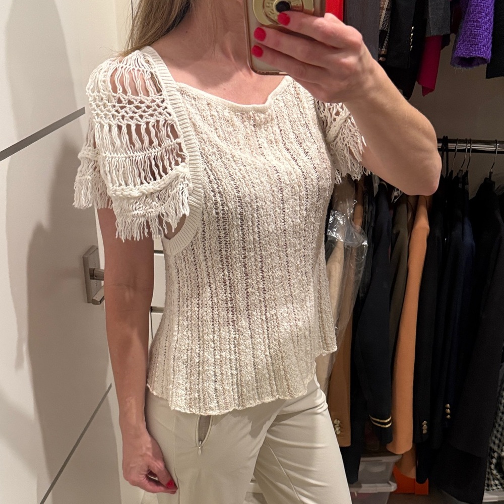 Free People Cream Crochet open knit Sleeve Blouse small